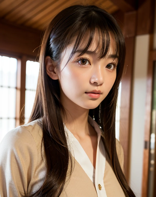 Highest quality, Face Focus, Soft Light, Ultra-high resolution, (Realistic:1.4), RAW Photos,
1 Japanese girl, alone, cute, (Students, Light in your eyes),  Beautiful face in every detail, (Small box),(High resolution detail of human skin texture),
(Long Hair),
indoor,
Damask Shirt Dress,
(Portraiture)