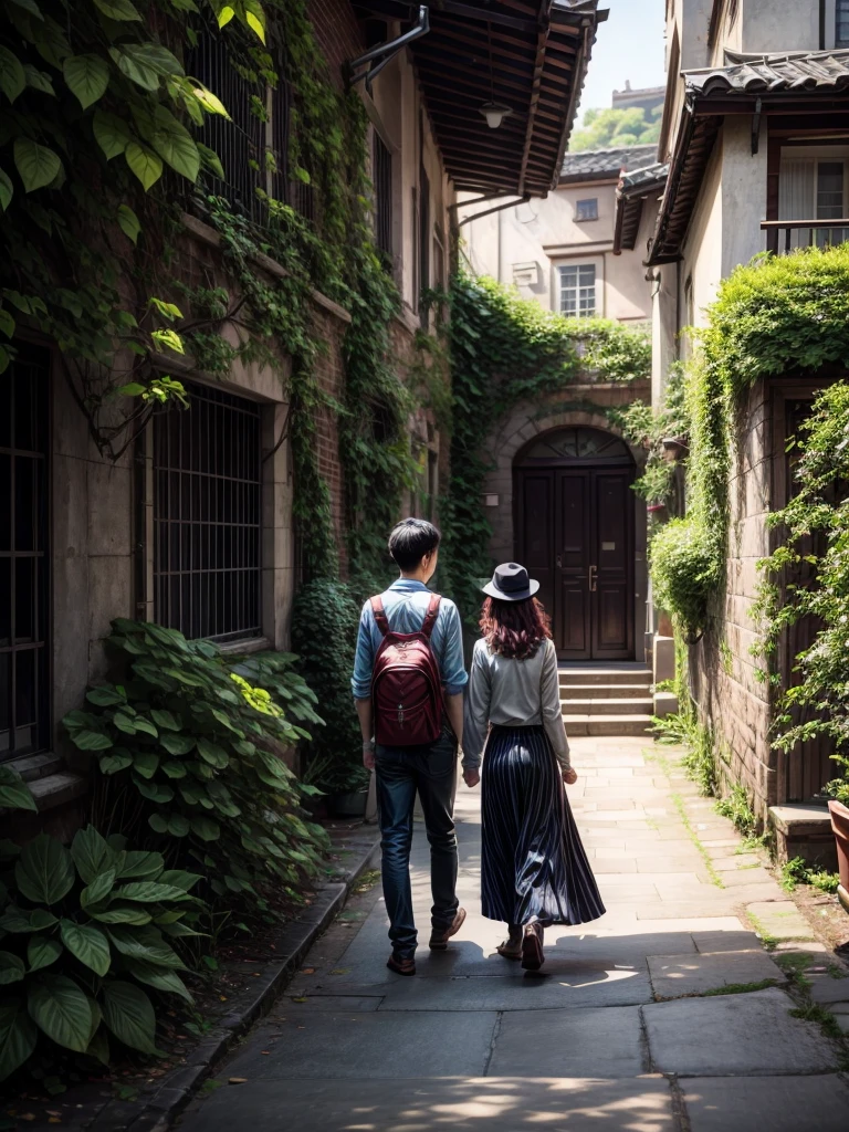 There are two people walking on the sidewalk next to a building, lovely setting, beautiful surroundings, at school, in the garden, with ivy, candid photo, in front of the house, Photoshoot, sunny atmosphere, candid photo, walking in the garden, in an ecological city, by Yi Jaegwan, the city is full of green plants, green alleys