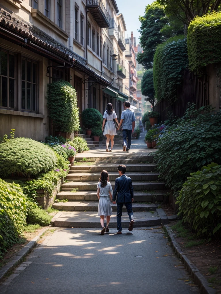 There are two people walking on the sidewalk next to a building, lovely setting, beautiful surroundings, at school, in the garden, with ivy, candid photo, in front of the house, Photoshoot, sunny atmosphere, candid photo, walking in the garden, in an ecological city, by Yi Jaegwan, the city is full of green plants, green alleys
