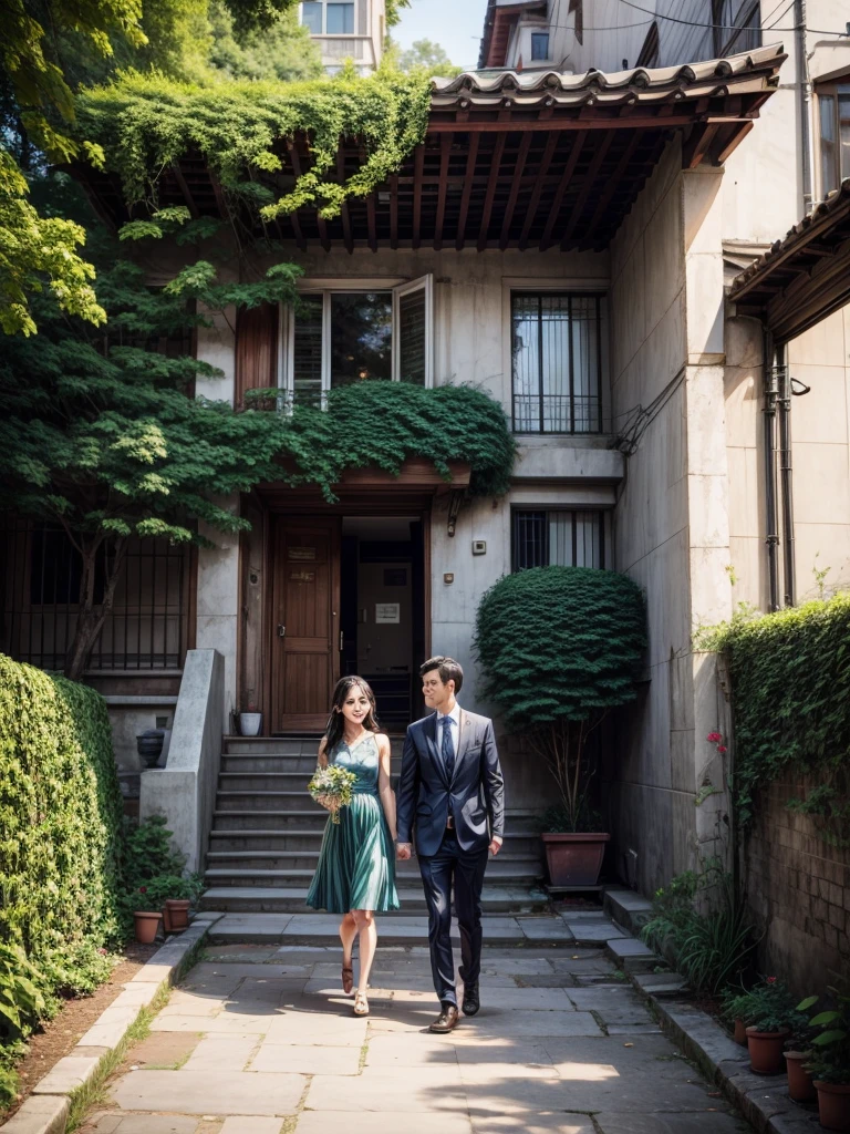 There are two people walking on the sidewalk next to a building, lovely setting, beautiful surroundings, at school, in the garden, with ivy, candid photo, in front of the house, Photoshoot, sunny atmosphere, candid photo, walking in the garden, in an ecological city, by Yi Jaegwan, the city is full of green plants, green alleys