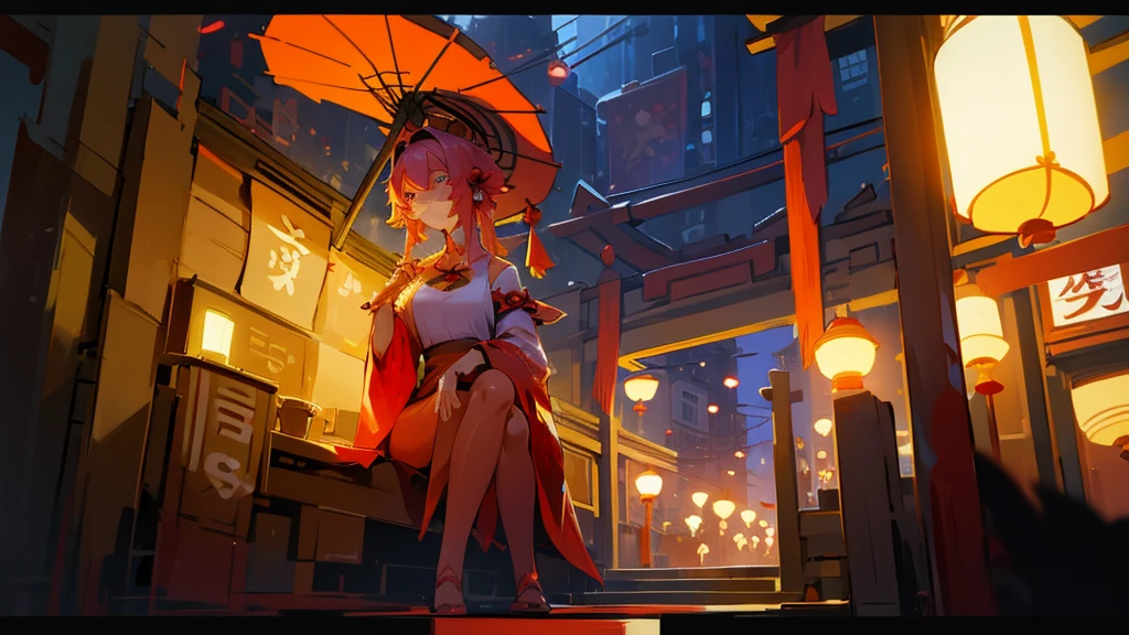 A woman sitting at a table under a red umbrella on a rainy night in a city street, with lanterns and plants around her, in the style of an anime or illustration, with a detailed, photorealistic, cinematic look.