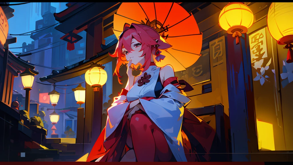 A woman sitting at a table under a red umbrella on a rainy night in a city street, with lanterns and plants around her, in the style of an anime or illustration, with a detailed, photorealistic, cinematic look.