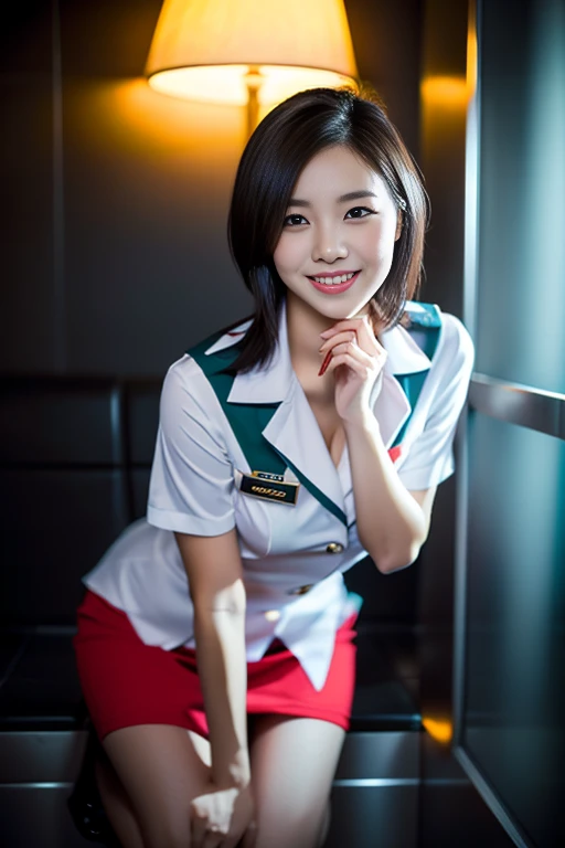 (a gorgeous lady, 21, Flight Attendant uniform, Shenzhen Airlines Stewardess, wet white shirt, red mini-skirt, kneeling in steamy bathroom, dimpled smile, short bob hair, wet hair, cute snaggle-tooth, well-endowed round bosom, long flawless legs, photorealistic, beautiful detailed eyes, beautiful detailed face, hyper-realism, high contrast, ultra HD, realistic skin textures, top image quality, top-quality, super high resolution, fine details, very meticulously, close-up shot, head to thigh, romantic night, dark bokeh background)