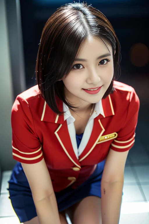 (a gorgeous lady, age 21, Flight Attendant uniform, Shenzhen Airlines Stewardess, wet white shirt, red mini-skirt, kneeling in steamy bathroom, dimpled smile, short bob hair, wet hair, cute snaggle-tooth, well-endowed round bosom, long flawless legs, photorealistic, beautiful detailed eyes, beautiful detailed face, hyper-realism, high contrast, ultra HD, realistic skin textures, top image quality, top-quality, super high resolution, fine details, very meticulously, close-up shot, head to thigh, romantic night, dark bokeh background)