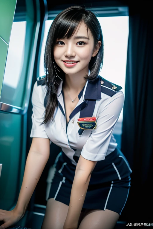 (a gorgeous lady, age 21, Flight Attendant uniform, Shenzhen Airlines Stewardess, wet white shirt, red mini-skirt, kneeling in steamy bathroom, dimpled smile, short bob hair, wet hair, cute snaggle-tooth, well-endowed round bosom, long flawless legs, photorealistic, beautiful detailed eyes, beautiful detailed face, hyper-realism, high contrast, ultra HD, realistic skin textures, top image quality, top-quality, super high resolution, fine details, very meticulously, close-up shot, head to thigh, romantic night, dark bokeh background)