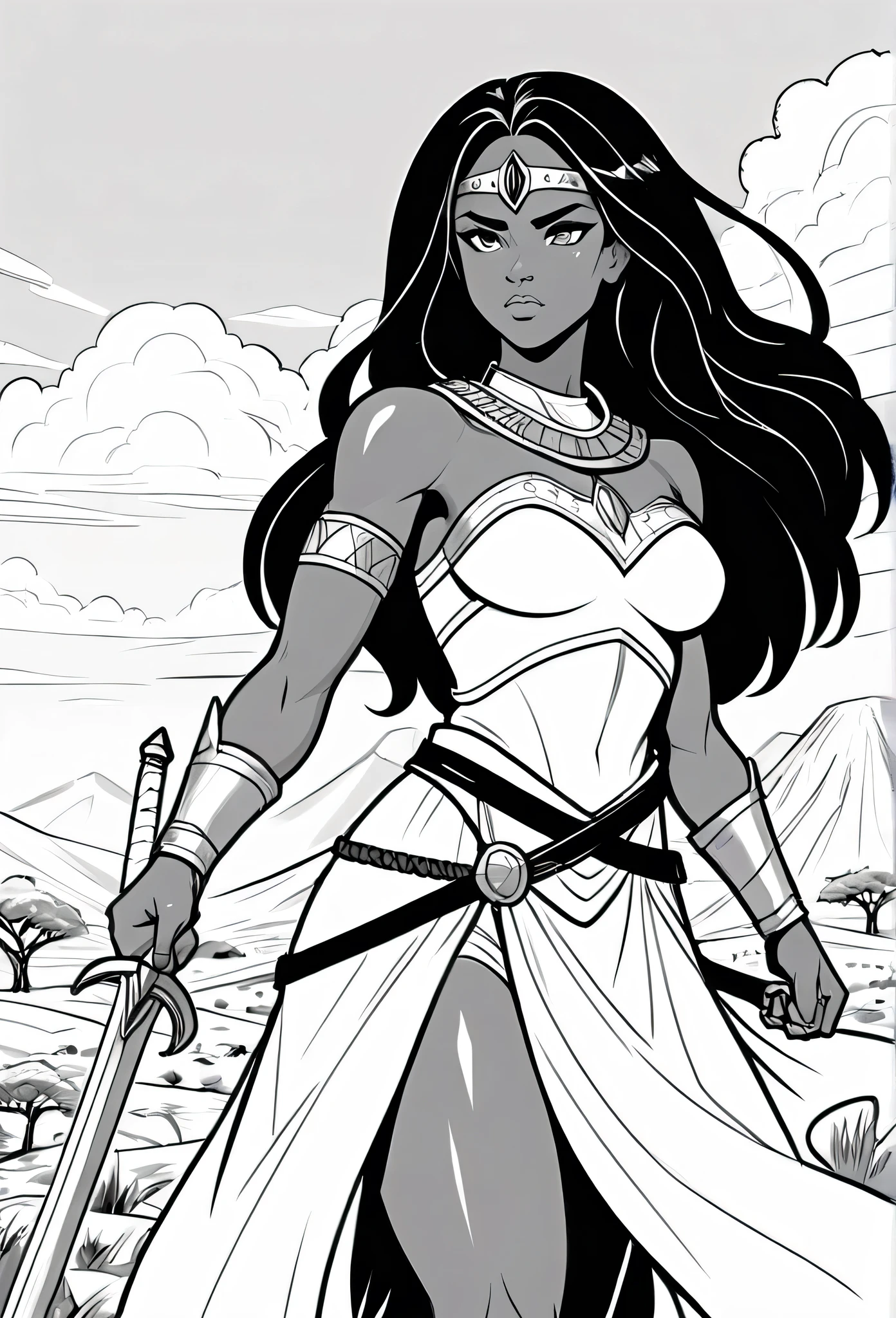 Vector Art, Flattening, smooth line art, Minimalism, graphic design aesthetics, flat illustration, (masterpiece, best quality, perfect composition, very aesthetic) A line art black and white outline of a christian nubian warrior, resembling Wonder Women long flowing hair, different nationalities, easy to color design, up close, combat ready, sword and shield in hand, Background realistic and minimalistic African Serengeti landscape, simple trees and mountains, clear sky with clouds, animals in the Serengeti in the background, for a coloring page, warrior strength and connection to the land with different poses, realistic