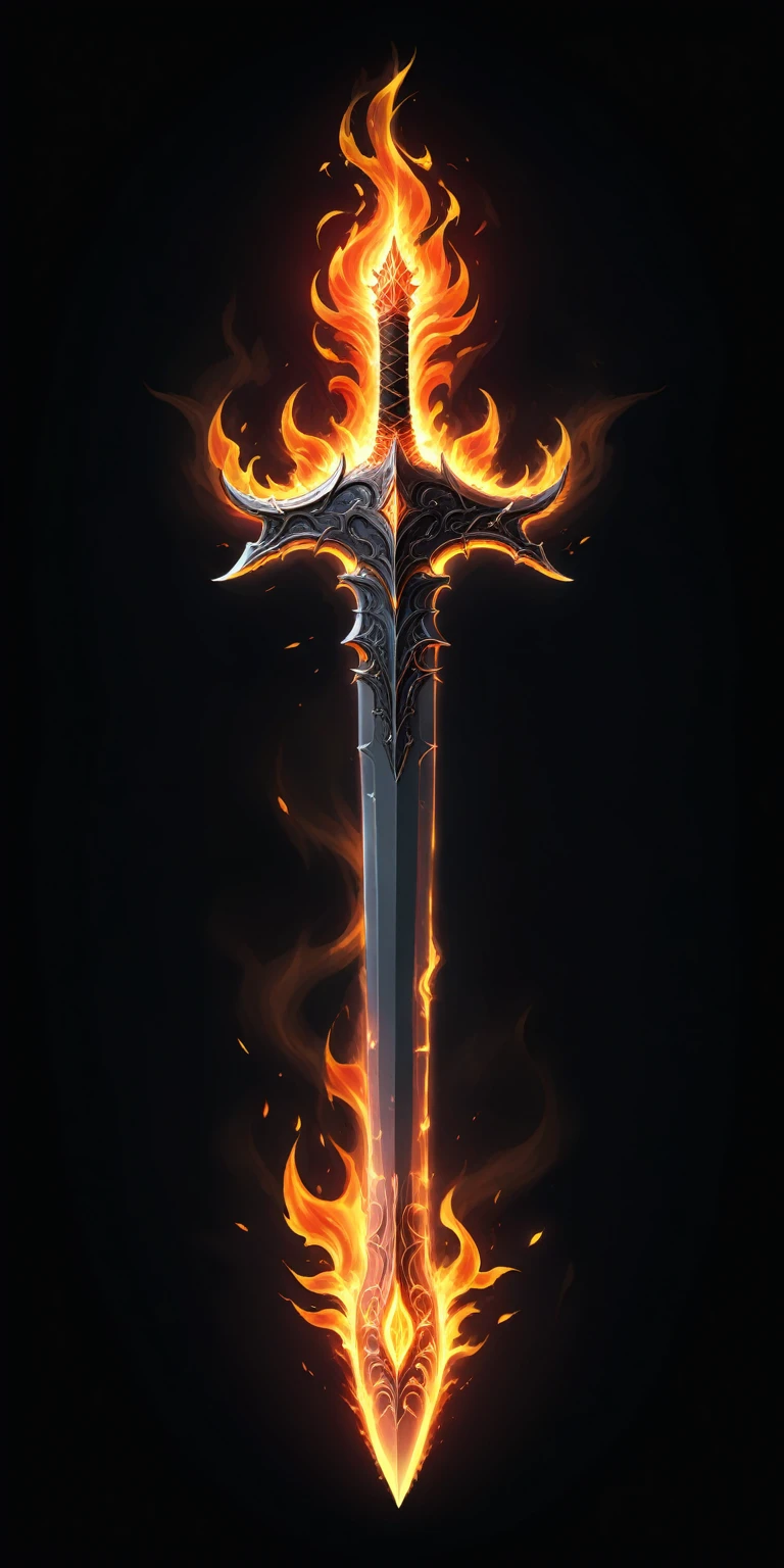 (pixel art, cartoon illustration, Fireblade longsword, Flaming theme, simple black background, RPG game icon)