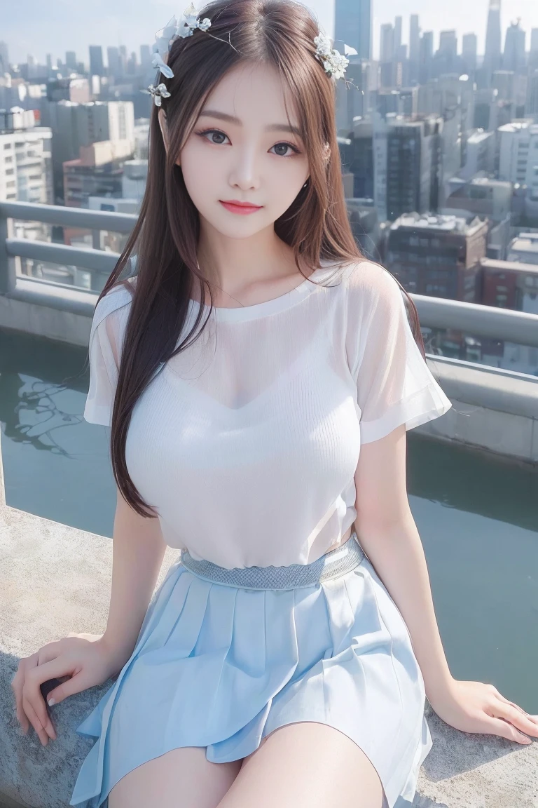 Official Art, masterpiece, Sharp focus, (Beautiful gorgeous and cute Korean woman:1.3), (Beautiful and cute Korean:1.3), Korean Beauty, Delicate and beautiful hair, eyes and face, Realistic, Super detailed, beautiful girl, blue sky, Glowing White Particles, (Side Lighting:1.2), Light of the sun, White cloud, Detailed Clouds, thin, Very big breasts and very big hips, Smiling with teeth showing, ((Smile with your eyes, Open both eyes)), scenery, Straight long hair, Sexy look, building, (Cityscape:1.7), Dynamic Hair, Straight long hair, Light brown hair details, Blue eyes glow, (Blue pleated shirt + White Skirt), White long socks, Pale skin, hair ornaments, epic scenery,