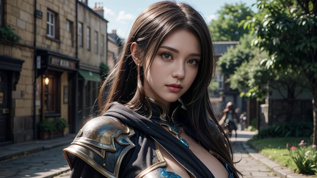 Female Mage Close-up, Girl in robe, 2. 5D CGI anime fantasy artwork, Large Breasts,Epic fantasy digital art style, detailed Digital 2D fantasy art, Digital 2D fantasy art, Gorgeous female mage,Looking at the camera,(glowing magic:1.7) Role Playing Game Character Art, Beautiful female mage, Fantasy Character Art, Epic and beautiful character art, Beautiful female mage,(Edinburgh Street:1.8),light rain,semi-body photography,Looking at the camera