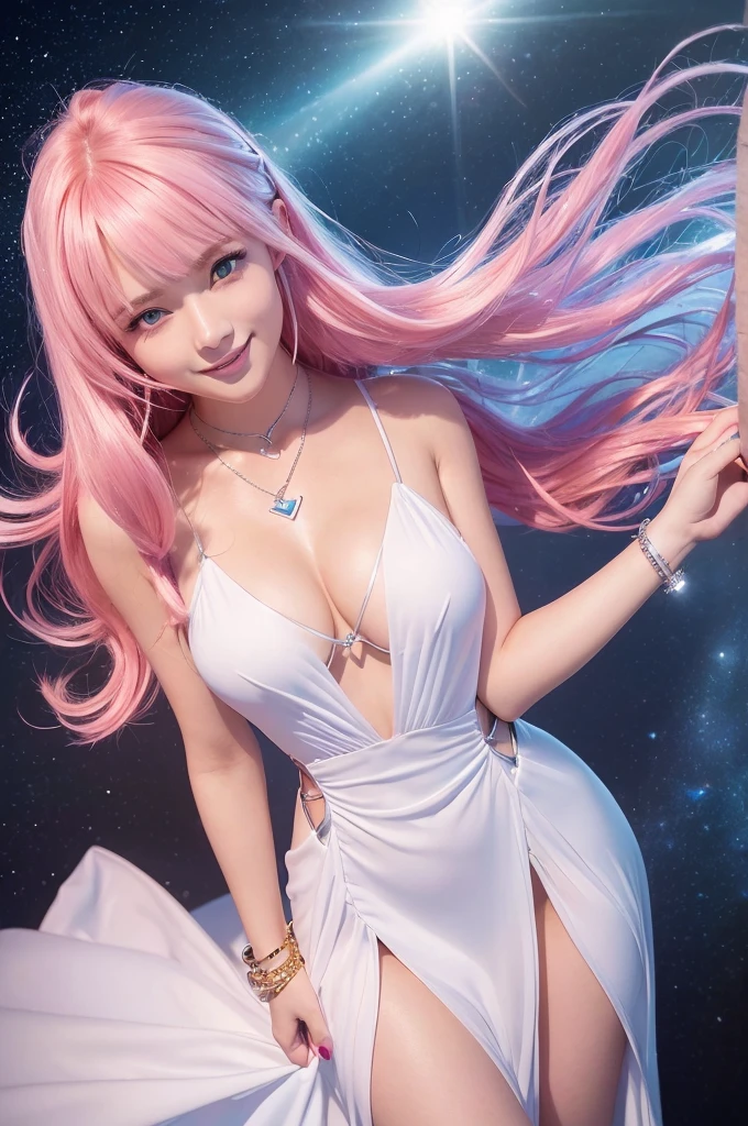 (8k high quality), (2d high quality), (high anime quality), (beautiful girl), (beautiful face), (shining pink hair), (beautiful blue eyes), (beautiful wristwatch), (beautiful silver necklace with heart pendant), (shining smooth skin), (grinning face), (front shot), (beautiful white dress with golden lines)