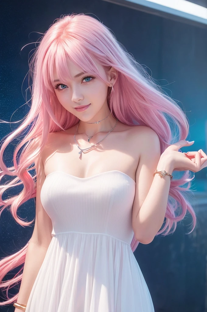 (8k high quality), (2d high quality), (high anime quality), (beautiful girl), (beautiful face), (shining pink hair), (beautiful blue eyes), (beautiful wristwatch), (beautiful silver necklace with heart pendant), (shining smooth skin), (grinning face), (front shot), (beautiful white dress with golden lines)