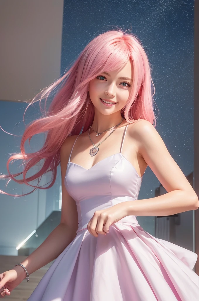 (8k high quality), (2d high quality), (high anime quality), (beautiful girl), (beautiful face), (shining pink hair), (beautiful blue eyes), (beautiful wristwatch), (beautiful silver necklace with heart pendant), (shining smooth skin), (grinning face), (front shot), (beautiful white dress with golden lines)