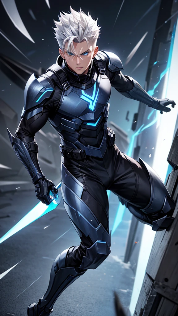 ### Zephyr Kurogane
- **Hair:** Short, spiky silver hair that gives him a dynamic and energetic look.
- **Eyes:** Vibrant, electric blue eyes that convey both sharp intelligence and fierce determination.
- **Skin:** Fair with a slight tan, showcasing his active lifestyle.
- **Build:** Lean and muscular, emphasizing speed and agility.
- **Outfit:** A streamlined, dark blue and black combat suit designed for high mobility. The suit features sleek armor plating on the shoulders and chest with lightning motifs, reflecting his swiftness.
- A utility belt with various gadgets and weapons, including throwing knives and a pair of short swords. He also wears fingerless gloves with metallic knuckles.
- **Footwear: Lightweight, reinforced boots that provide excellent grip and flexibility, perfect for rapid movement and combat.