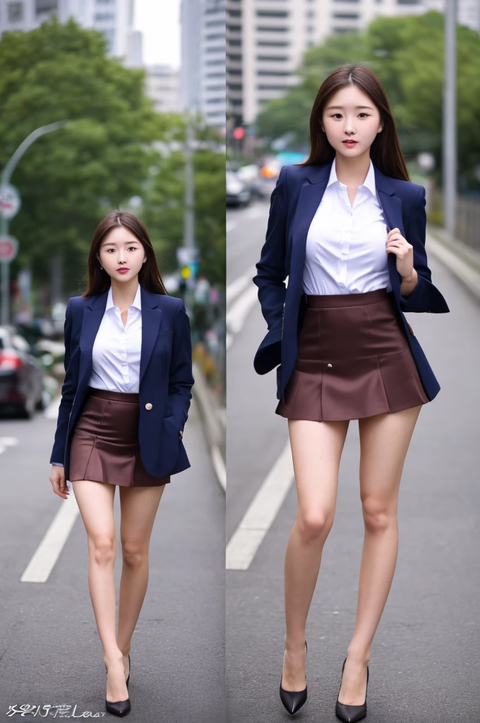 he most beautiful actress in the world, she is 18 years old, the perfect body proportions of this girl, just the lower than her crotch is fully exposed, just the upper than her crotch is fully covered, this girl with her large breasts is firmly wearing the blazer on the formal shirt, the bare skin of her large breasts are firmly covered by blazer which is closed on formal shirt, it's too difficult for the short skirt to cover the panties because it's too short, her bare thighs, her bare knees, her feet are out of this picture frame, her head is barely within this picture frame, only one description of this picture, at city street, standing, nsfw, best quality, highly detailed, masterpiece, ultra high res, photo realistic, 8k