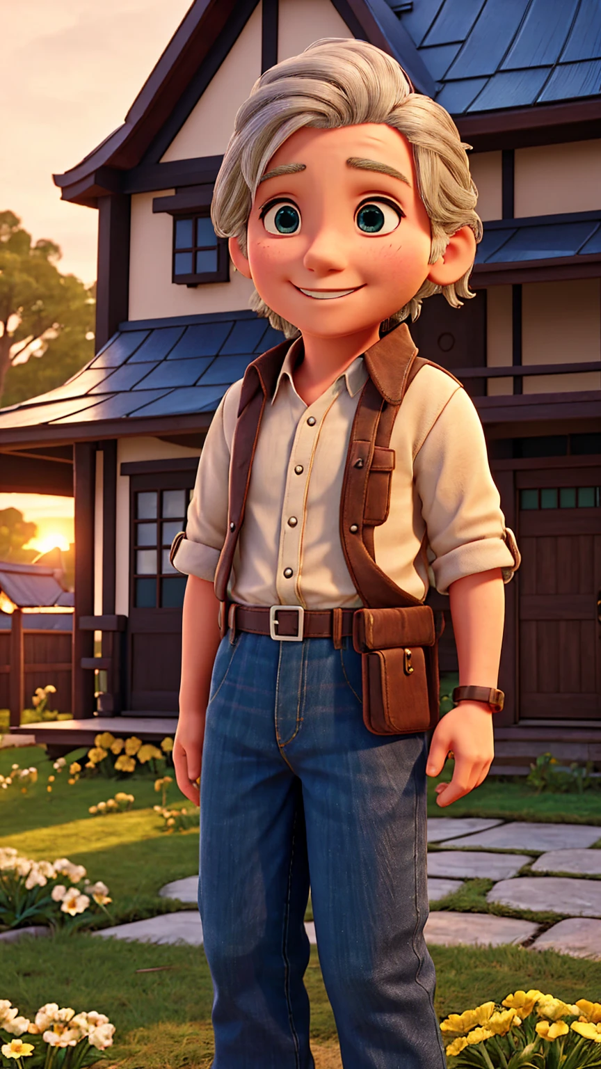 Create a Japanese anime-style scene set in front of a modest house in the small, sunny town. It’s early evening, with the sky painted in soft hues from the setting sun. The scene features Jake, a man in his mid-40s with graying hair, a kind face, and medium build, wearing jeans and a flannel shirt. Jake is standing at the doorstep, holding the wallet, with a gentle smile on his face.
The door has just been opened by an elderly lady around 70 years old. She has silver hair, a gentle smile, and is wearing simple yet elegant clothing. Her eyes are wide with surprise and gratitude as she looks at Jake. The house behind her is quaint and welcoming, with a small garden visible, filled with blooming flowers. The atmosphere is warm and heartfelt, reflecting the gratitude and kindness exchanged in this moment.