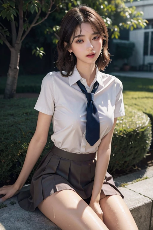 absurdres, RAW photo, extremely delicate and beautiful, masterpiece, Best Quality, ultra high resolution, 16k, hyperrealistic, ultra-detailed, perfect anatomy, super Detailed skin, perfect figure, Very detailed CG 8k wallpaper, in her 20s, very Slim body, narrow waist, very small head, very small face, delicate facial features, tearful mole, earring, thin legs, (very huge round breasts), full body shot, short hair, (wavy hair), (light brown hair), (wet clothes), ((1 girls)), ((school uniform)),