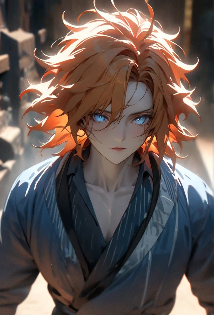 (solo), orange hair, messy hair, mane hair, short hair, dense hair, wild hair, expressive hair, mature,(25 year old), pale skin, blue eyes, ((male)), wearing a blue kimono,, handsome, attractive, eye reflection, depth of field, thunder aura,cinematic lighting, ray tracing, depth of field, cinematic lighting, ray tracing, UHD, high details, best quality, highres, high quality, award winning, super detail, masterpiece, 8k, UHD, high details, best quality, highres, high quality, award winning, super detail, masterpiece, 8k, digital art, anime coloring, full body shot, body shot, good face, perfect face, detailed face, good eyes