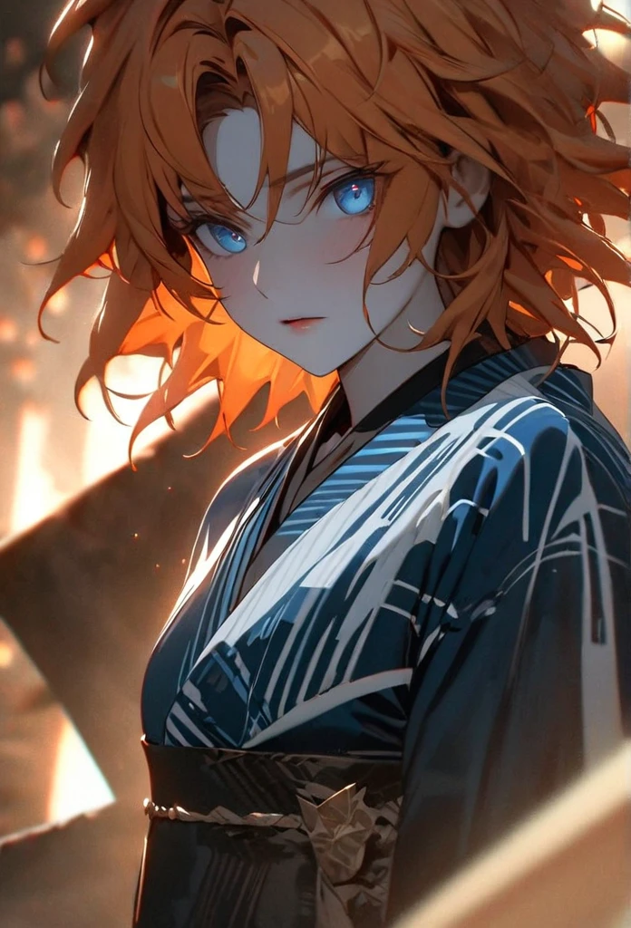 (solo), orange hair, messy hair, mane hair, short hair, dense hair, wild hair, expressive hair, mature,(25 year old), pale skin, blue eyes, ((male)), wearing a blue kimono,, handsome, attractive, eye reflection, depth of field, thunder aura,cinematic lighting, ray tracing, depth of field, cinematic lighting, ray tracing, UHD, high details, best quality, highres, high quality, award winning, super detail, masterpiece, 8k, UHD, high details, best quality, highres, high quality, award winning, super detail, masterpiece, 8k, digital art, anime coloring, full body shot, body shot, good face, perfect face, detailed face, good eyes