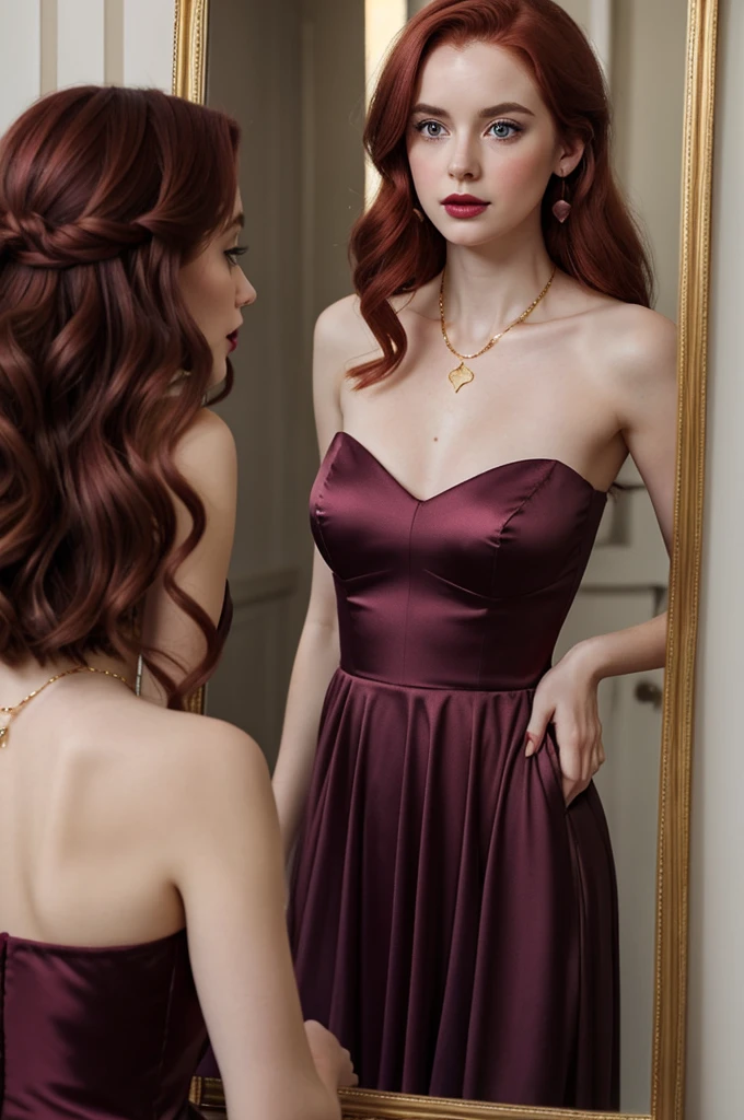 pale girl, shoulder-length hair, disheveled and redhead, honey eyes and purple lips, a little blush on her cheeks, wearing a burgundy strapless dress and a gold heart necklace, she applying lipstick looking in an old mirror, all with an unreal style very typical of Tim Burton