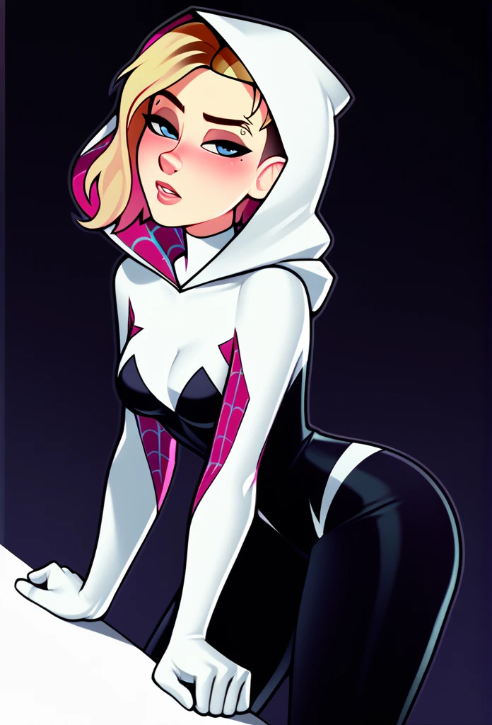 score_9, score_8_up, score_7_up, score_6_up, score_5_up, score_4_up,
BREAK
1girl, gwen stacy, light blue eyes, shaved head, blonde hair, short hair, asymmetrical hair, black eyeliner, , smugm, eyebrow piercing, White hood without straps, half-closed eyes, blush, adult,
BREAK, Big butt, medium breasts,
solo, standing, leaning forward, arched back, small breasts, bodysuit, spider-gwen, black leggings, skinny,
BREAK
black background,