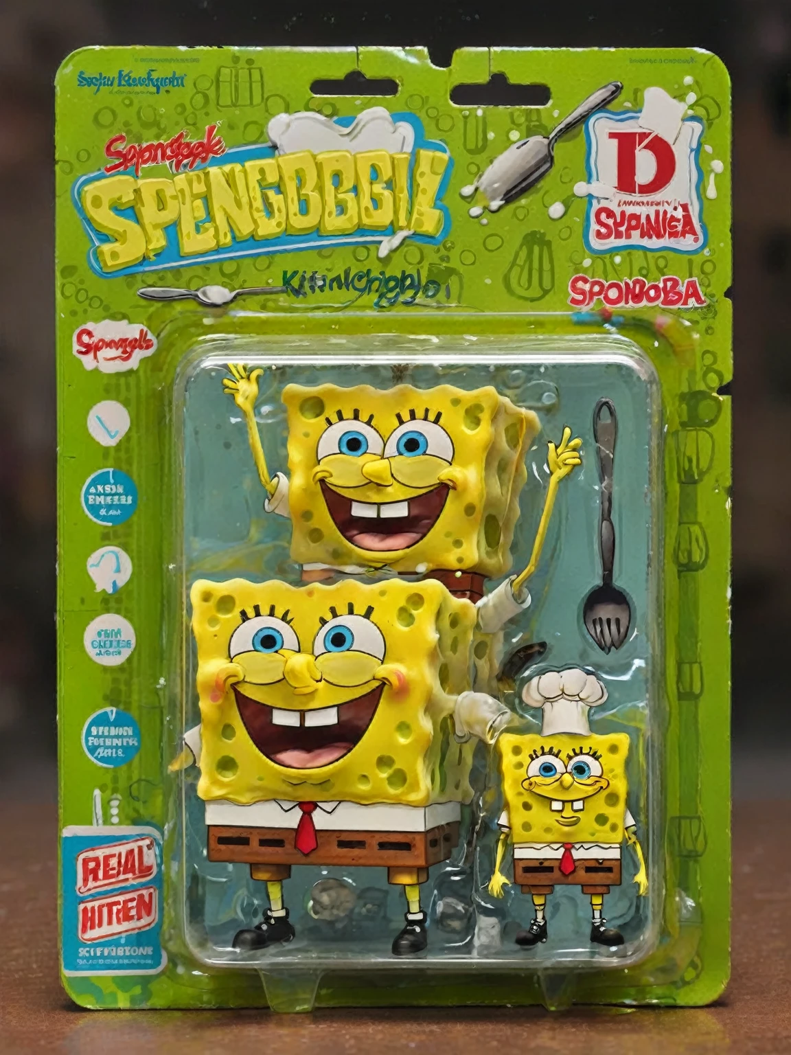 A dirty real sponge, detailed and lifelike, enclosed in a plastic box, The packaging spongebob and background depicts real kitchen,