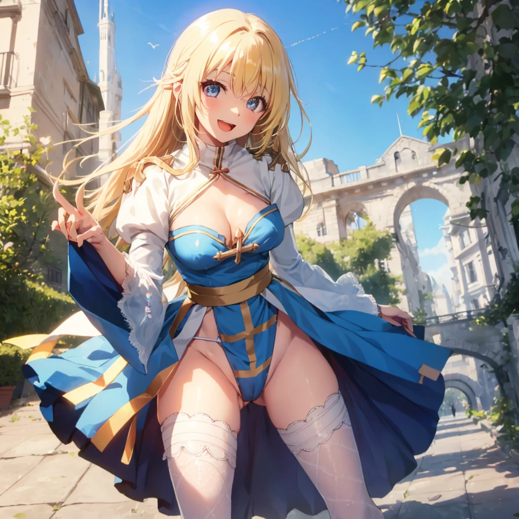Texture CG,((Ultra Detail Art)),((master piece)),(extremely details CG),1girl,solo,ragnarokarch,nsfw,(skirt pull,skirt lift,self wedgie panties,pelvic curtain pull,pelvic curtain lift),gal,gyaru,beautiful breasts,slim body,slim legs,collarbones,slim and smooth lines,slim waist,small butt,(nipple slip:1.2),(from below:1.2),(ass visible through thighs),(panty shot),wind lift,(highleg panties,thong, thin white panties,cameltoe),(White Puff Sleeves,white thigh thighs,Gold Sash,White blue dress from neck to chest,cleavage cutout,Long blue skirt with slit),((over the knee length pelvic curtain)),(Blue Wide Sleeve,(Blue Dress wedgie Front)),long hair,golden blonde hair,Curve,Beautiful detailed eyes ,gleaming skin,open mouth,smile,outsides,clear sky,in summer,windy,garden,