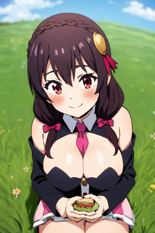 (masterpiece, Highest quality), One girl,    Yunyun,Long Hair,Braiding,Twin tails,Hair between the eyes,Red hair ribbon,hair ornaments,large round breasts,、Pink Skirt、Black Hair、Red Eyes、(Happy Face:1.2)、Crown Blade,Black Shirt, Long sleeve,Pink tie, belt, Cleavage cutout、cowboy shot、(blush:1.2)、Young face、(Sitting in the grass eating a sandwich)