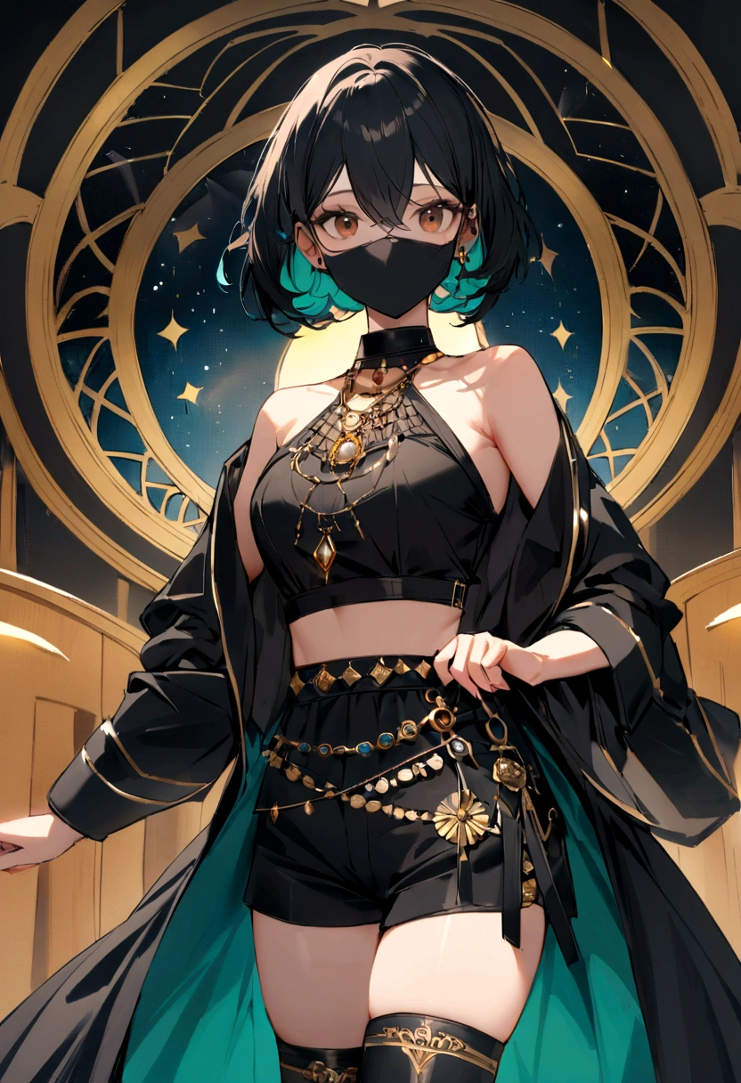 I have black hair with teal at the bottom of my hair. I have brown eyes and WARM OLIVE SKIN. I'm 5"1 ft tall. I'm wearing black shorts and a black jacket with dark blue designs and a cropped halter. My outfit has gold accessories with dark blue gems, I'm wearing black thigh high boots that are easy to run in. I'm wearing a black mask that covers the bottom half of my face. I'm introverted and reserved. My name is Ace. I have a hydro vision that is clipped to my shorts.