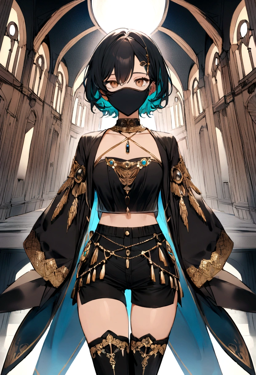 I have black hair with teal at the bottom of my hair. I have brown eyes and WARM OLIVE SKIN. I'm 5"1 ft tall. I'm wearing black shorts and a black jacket with dark blue designs and a cropped halter. My outfit has gold accessories with dark blue gems, I'm wearing black thigh high boots that are easy to run in. I'm wearing a black mask that covers the bottom half of my face. I'm introverted and reserved. My name is Ace. I have a hydro vision that is clipped to my shorts.