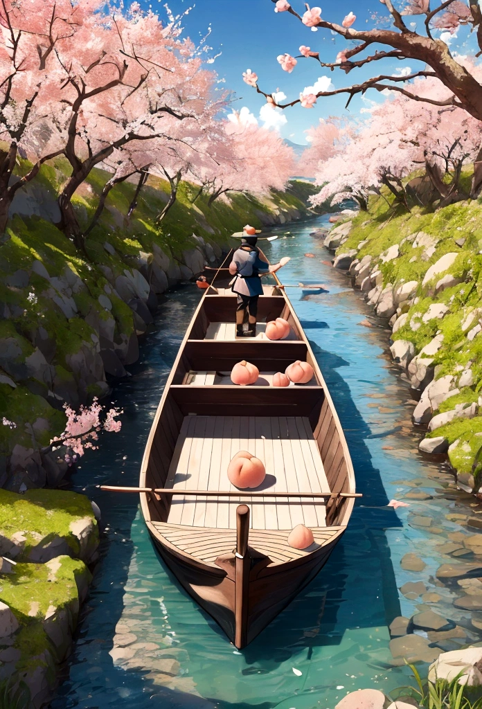 A fisherman（Back Shadow） from the Jin Dynasty gently rowed a small wooden boat along a creek when a dense, low-hanging peach blossom forest appeared before him. Peach branches extended over the creek, and the forest stretched along both banks for hundreds of meters. The grass beneath the trees was dotted with colorful wildflowers. Peach blossom petals fell like rain, dancing in the air and settling on the ground and in the creek. There were no buildings in sight. The scene was dominated by peach blossoms, with 80% of the view filled with their bright and cheerful hues.