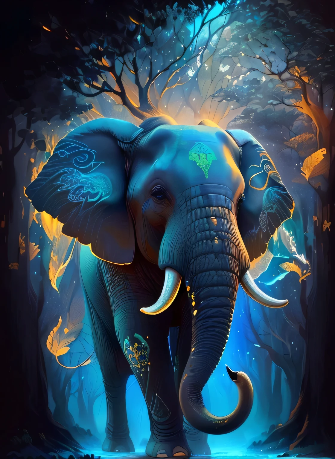 a painting of an elephant with a tree in its trunk, colored elephant art, an elephant king, Very high quality artwork, focus on the elephant, A beautiful tall painting, Beautiful Art, Beautiful digital artwork, elephant, detailed beautiful animals, 🐋 as 🐘 as 🤖 as 👽 as 🐳, Stunning artwork, Extremely complex, Life Element Guardian, an elephant