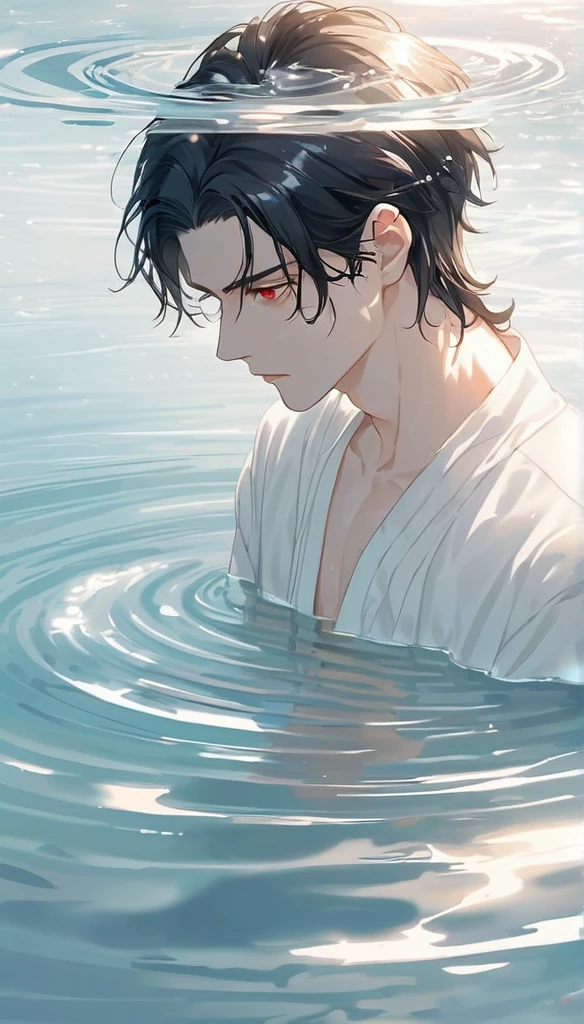 Anime-style male character in water, (long black hair:1.2), (gentle expression:1.1), red eyes, white noble outfit, (rippling water effect around body:1.3), sunlight reflecting on water, clear sky, subtle water splashes, high-resolution digital art, soft color palette, tranquil atmosphere, (serene ocean background:1.1), realistic water texture
