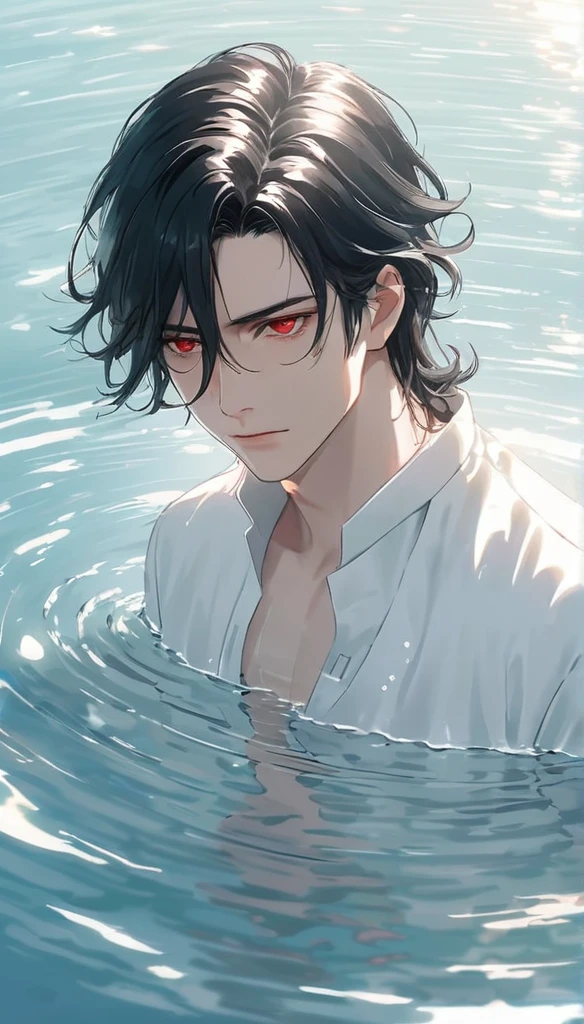 Anime-style male character in water, (long black hair:1.2), (gentle expression:1.1), red eyes, white noble outfit, (rippling water effect around body:1.3), sunlight reflecting on water, clear sky, subtle water splashes, high-resolution digital art, soft color palette, tranquil atmosphere, (serene ocean background:1.1), realistic water texture

