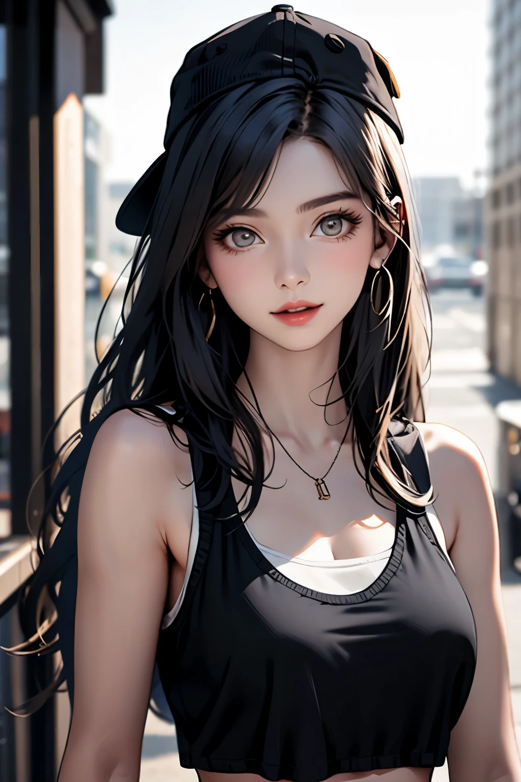 (masterpiece:1.2, highest quality), (realistic, photorealistic:1.4), beautiful illustrations, (natural side lighting, movie lighting), Depth of written boundary, looking at the viewer, (face focus, Upper body), Front view, 1 girl, English, high school girl, , perfect face, Cute symmetrical face, shiny skin, long eyelashes chest, thin, beautiful hair, beautiful face, fine and beautiful eyes, beautiful clavicle, beautiful body, beautiful breasts, beautiful thighs, beautiful feet, beautiful fingers, 1girl, solo, beach, white shirt, tank top, see-through shirt, short shorts, backwards baseball cap, standing, happy, looking at viewer,