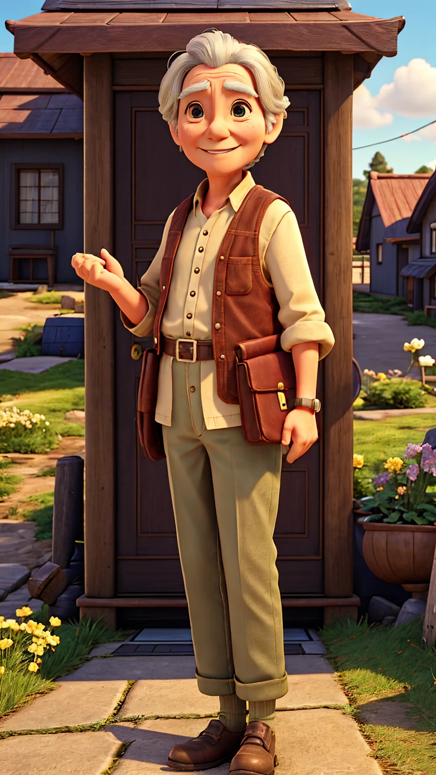 Create a Japanese anime-style scene set in front of the same modest house in the small, sunny town, now with the sky transitioning to twilight. The scene features Jake, a man in his mid-40s with graying hair, a kind face, and medium build, wearing jeans and a flannel shirt. Jake stands on the doorstep, holding the wallet and smiling politely.

The elderly lady, around 70 years old with silver hair and a gentle smile, is standing at the door, holding out a small reward (such as an envelope) to Jake. She is wearing simple yet elegant clothing. Her expression is one of deep gratitude, while Jake’s expression is warm and humble as he politely declines the reward.

The background shows the quaint house and the small garden filled with blooming flowers. The atmosphere is warm and sincere, highlighting the mutual respect and kindness between the characters.