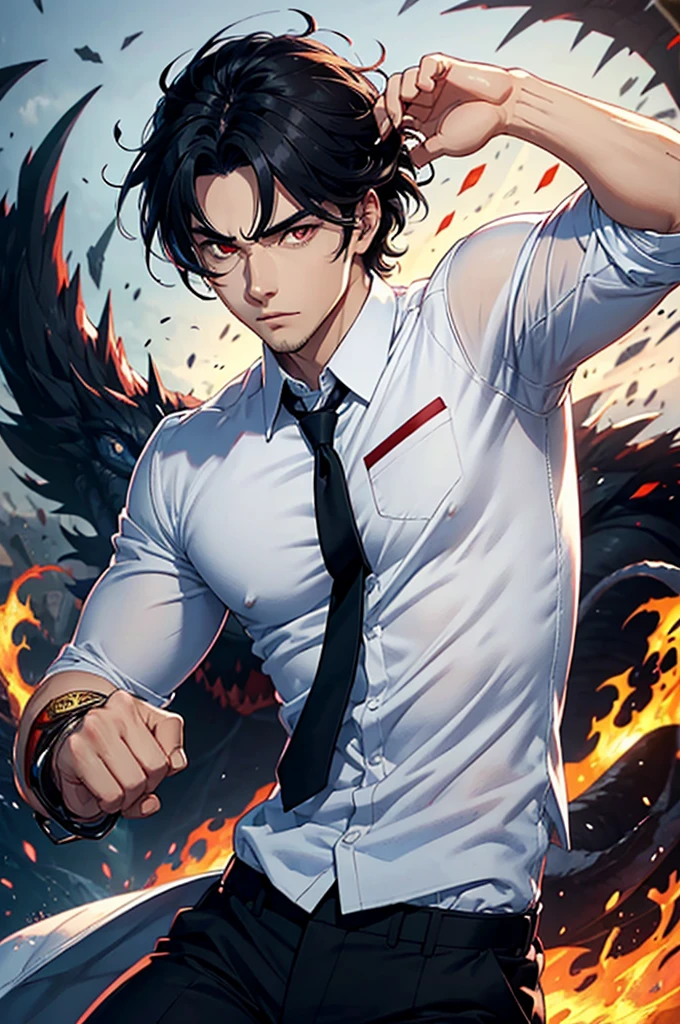 A HANDSOME GUY WEARING WHITE SHIRT, BLACK HAIR, FIERY EYES, FIERY ARMS, FIGHTING A BIG MONSTER