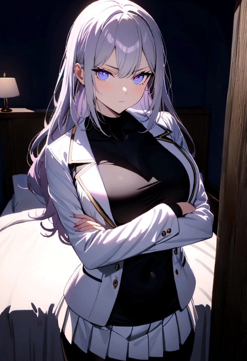 1 girl, ((Girl is curvy and slim, attractive and tall)), ((Girl has long silver hair)), ((purple and blue gradient eyes)), ((Girl wears a black body shirt, white jacket, short white pleated skirt, black stocking)), ((Girl is in the bedroom)), ((Girl is looking at viewer, serious, crossing arms)), 8k, ray tracing, night, zooming out