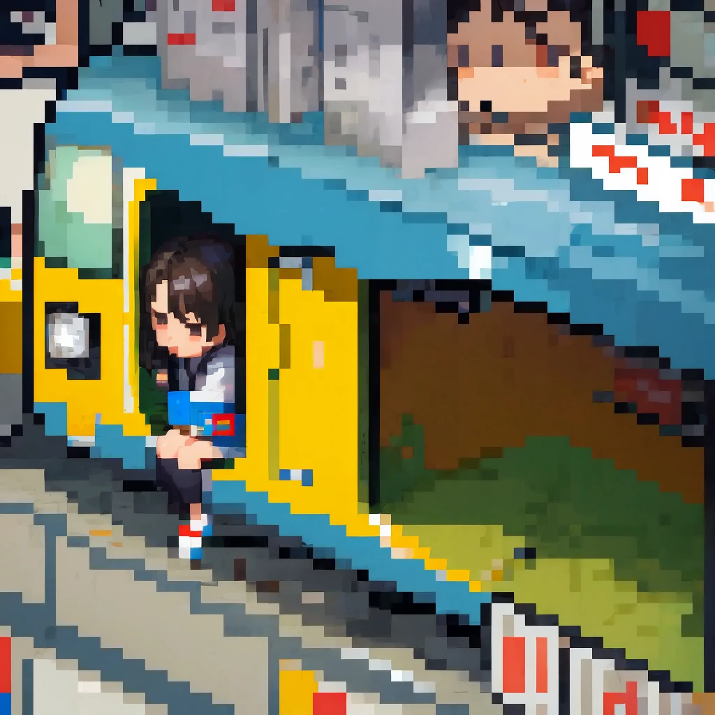 (pixel art_1.1)1female Japanese students,a girl in front of me,a girl is Sitting and sleeping on the train,standing on Young man,middle-aged Multiple Salaryman,One of them office worker is reading a newspaper,pixel art,8bit,NES,