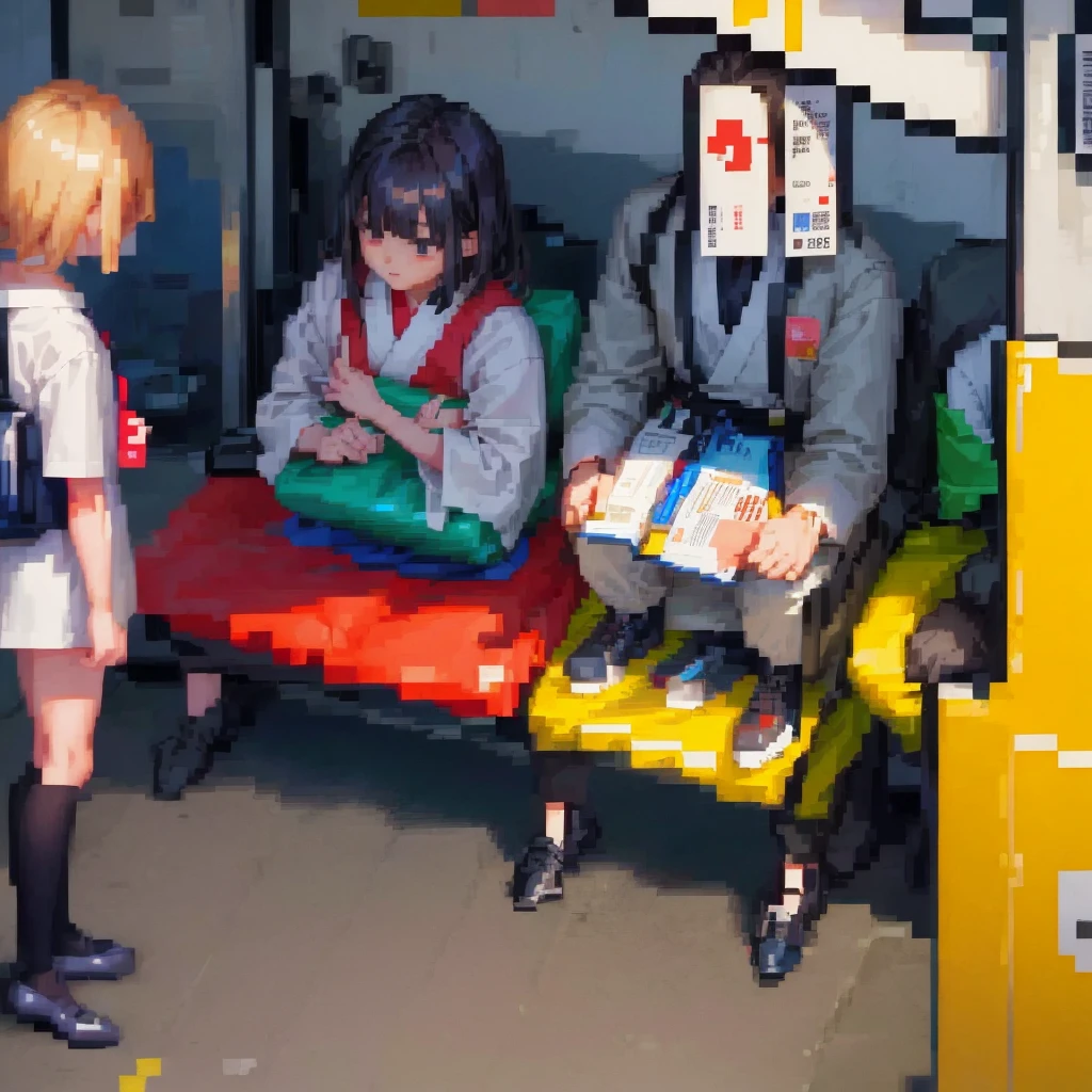 (pixel art_1.1)1female Japanese students,a girl in front of me,a girl is Sitting and sleeping on the train,standing on Young man,middle-aged Multiple Salaryman,One of them office worker is reading a newspaper,pixel art,8bit,NES,