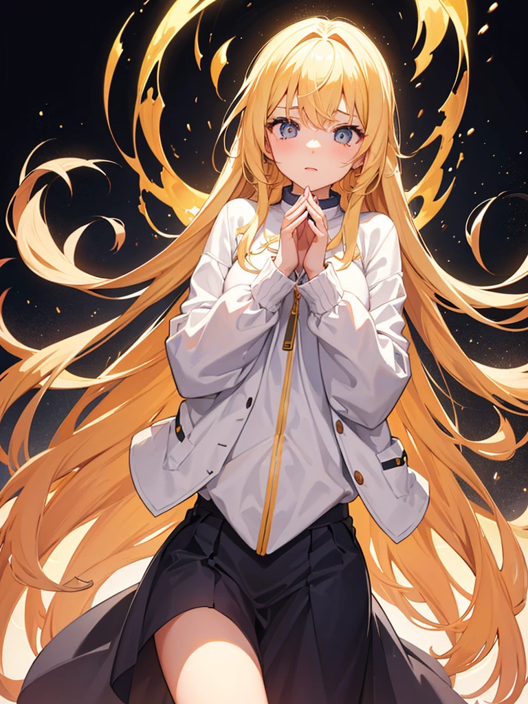 Girl facing the screen,hair,Golden pupils,White background,whole body,Fold your hands in front of your chest,whole body都在画面内