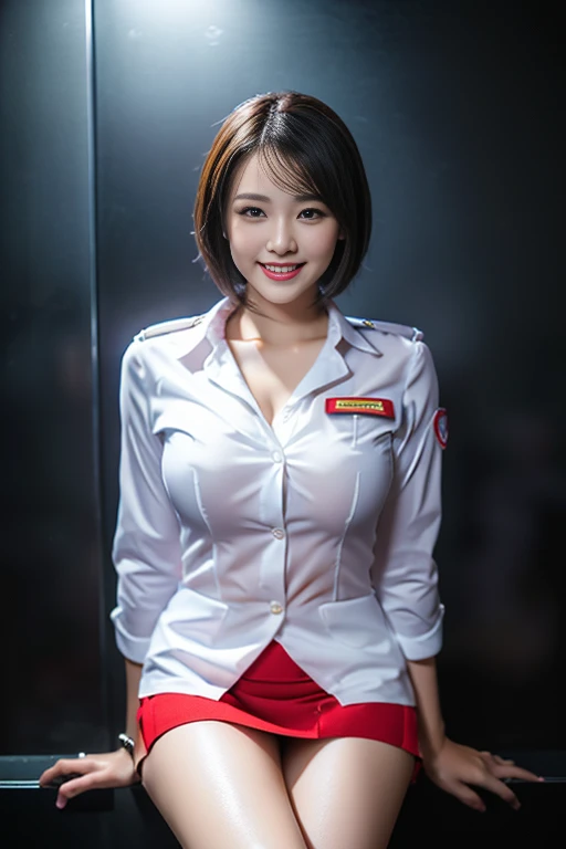 (a gorgeous lady, age 21, Flight Attendant uniform, Shenzhen Airlines Stewardess, wet white shirt, red mini-skirt, kneeling in steamy bathroom, dimpled smile, short bob hair, wet short hair, cute snaggle-tooth, well-endowed round bosom, long flawless legs, photorealistic, beautiful detailed eyes, beautiful detailed face, hyper-realism, high contrast, ultra HD, realistic skin textures, top image quality, top-quality, super high resolution, fine details, very meticulously, close-up, head to thigh, romantic night, dark bokeh background)