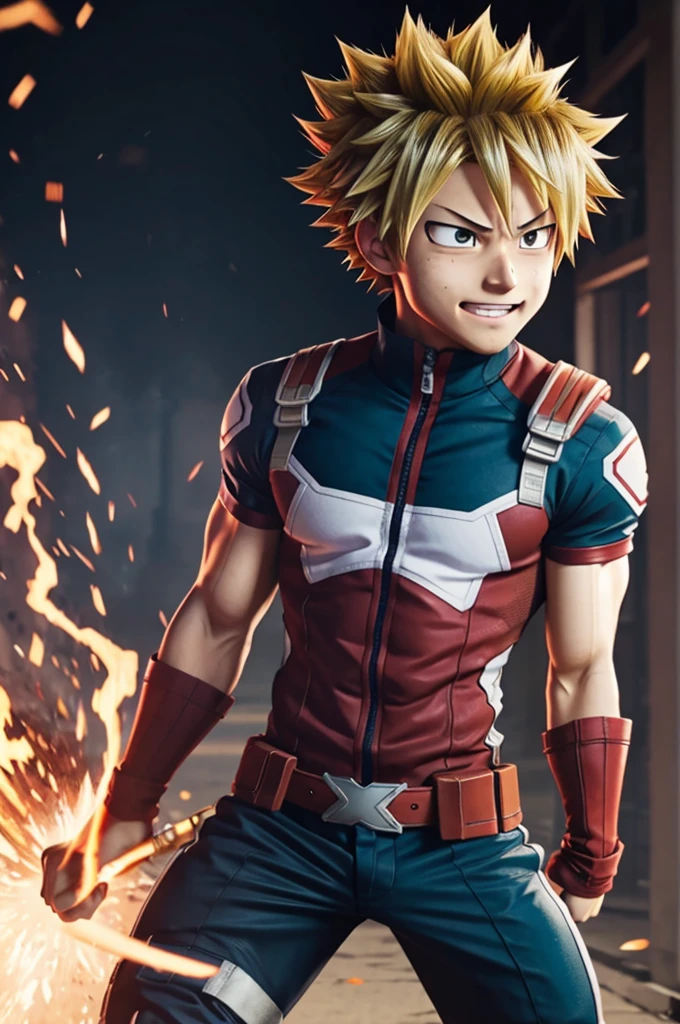 (Highest quality, masterpiece, RAW Photos,Very detailed:1.2),The face of a battle maniac、Explosion Effecty Hero Academia,Katsuki Bakugo,、View your viewers,Background of the collapse、Aggressive pose、Grenade-shaped gauntlets、Black eye mask