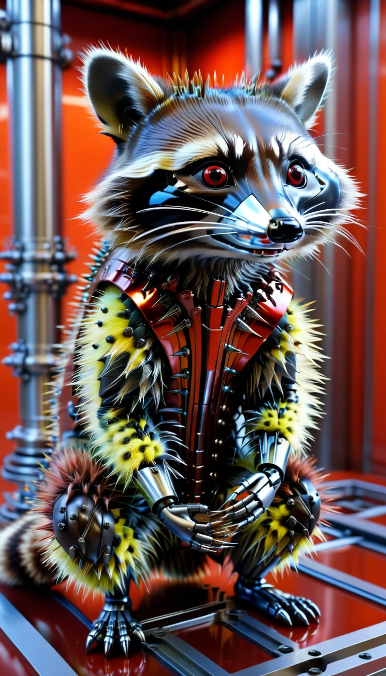 There is no one, Reality Photos, Reality Photos, Realistic photo of a raccoon-like creature, spikes, multi-colored shiny fur, strange and, Surreal and, the other world, A robotic factory with a shiny assembly plant, intricate details, very sharp, Sophisticated details, Flawless composition, vivid colors, masterpiece, futuristic, metal decoration, The shiny red interior is empty., polished, ray tracing