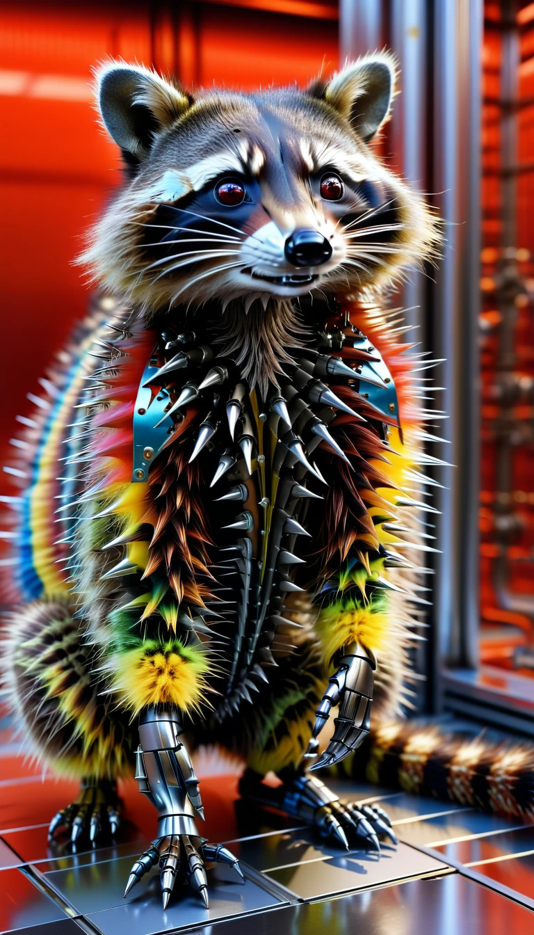 There is no one, Reality Photos, Reality Photos, Realistic photo of a raccoon-like creature, spikes, multi-colored shiny fur, strange and, Surreal and, the other world, A robotic factory with a shiny assembly plant, intricate details, very sharp, Sophisticated details, Flawless composition, vivid colors, masterpiece, futuristic, metal decoration, The shiny red interior is empty., polished, ray tracing