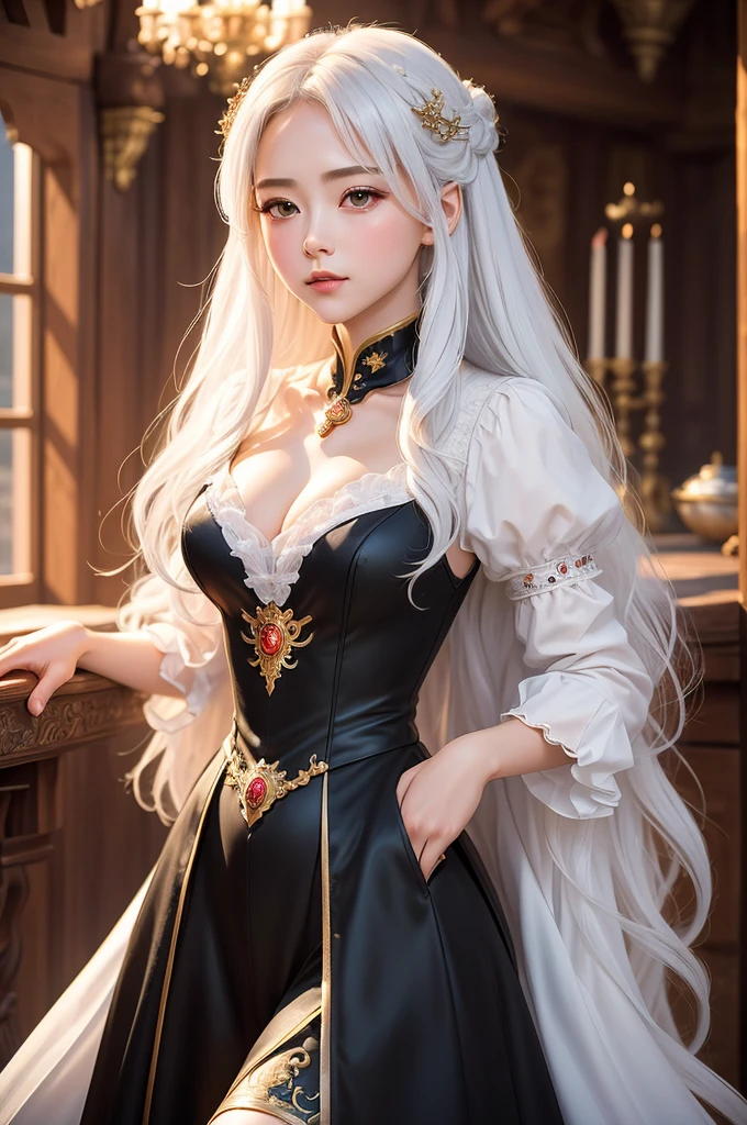 ((masterpiece:1.5,Highest quality,Highly detailed images,Beautiful images、Realistic、Photorealistic、2.5D))(1girl, 独奏)(medium breasts, white hair, black eyes, Healthy legs、Tight ass、Beautiful cleavage)(Fantasy dresses、Fantasy Clothes、Black battle dress、Deep slit)(wind, floating hair)(Inside the castle、The King's Chamber）
