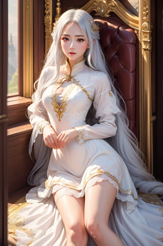 ((masterpiece:1.5,Highest quality,Highly detailed images,Beautiful images、Realistic、Photorealistic、2.5D))(1girl, 独奏)(medium breasts, white hair, black eyes, Healthy legs、Tight ass、Beautiful cleavage)(Fantasy dresses、Fantasy Clothes、Black battle dress、Deep slit)(wind, floating hair)(Inside the castle、The King's Chamber）
