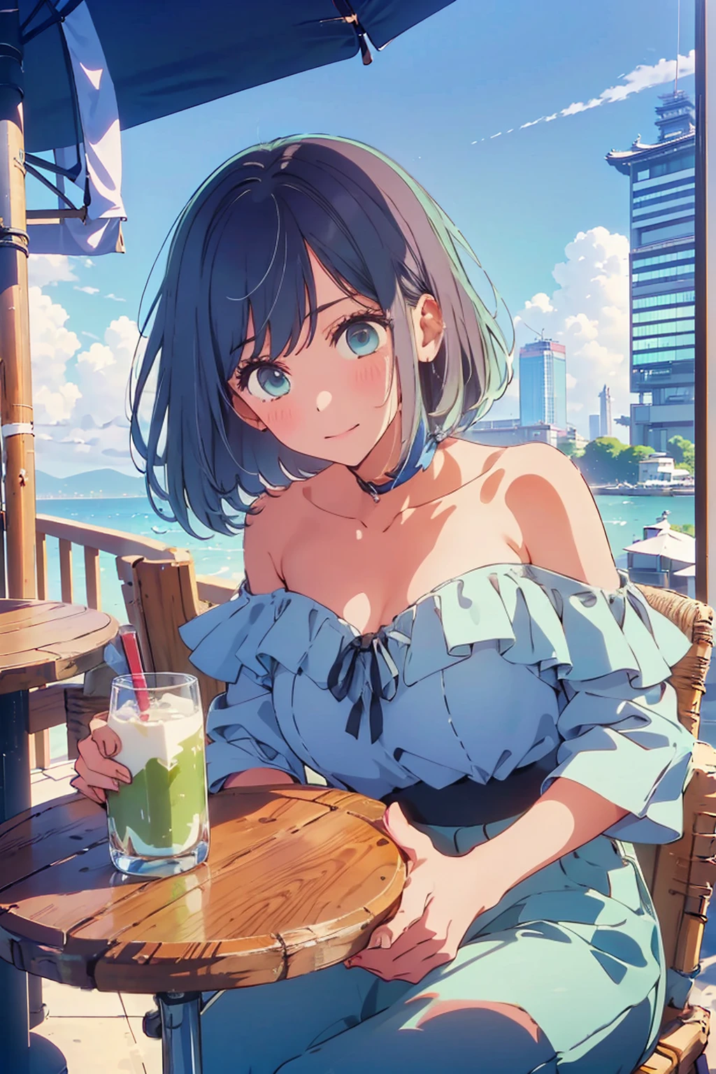 (Highest quality:1.4、8K:1.4、detailed)、F cup bust、Big Breasts、Slim body、Very white beautiful skin、((((1 person、Surprised expression、sit、Chair、In the background are the urban buildings of Tokyo、looking at the camera、Outdoor café terrace、coastal、Navy hair color、juice、Shooting up close、table、Very cute face))))、(Pose of putting hair behind ears with hands:1.4)、((((Areola、Off the shoulder))))、nude、Very blue sky、A completely cloudless sky