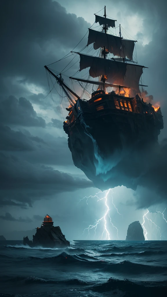 

“Create a scene of a pirate ship sailing through a stormy, turbulent sea. The ship should be navigating near a large skull-shaped rock formation amidst a jagged reef. The sky is filled with swirling clouds, and heavy rain is pouring down. The atmosphere is dark and dramatic, with lightning illuminating the menacing waves and the ominous skull rock.”

