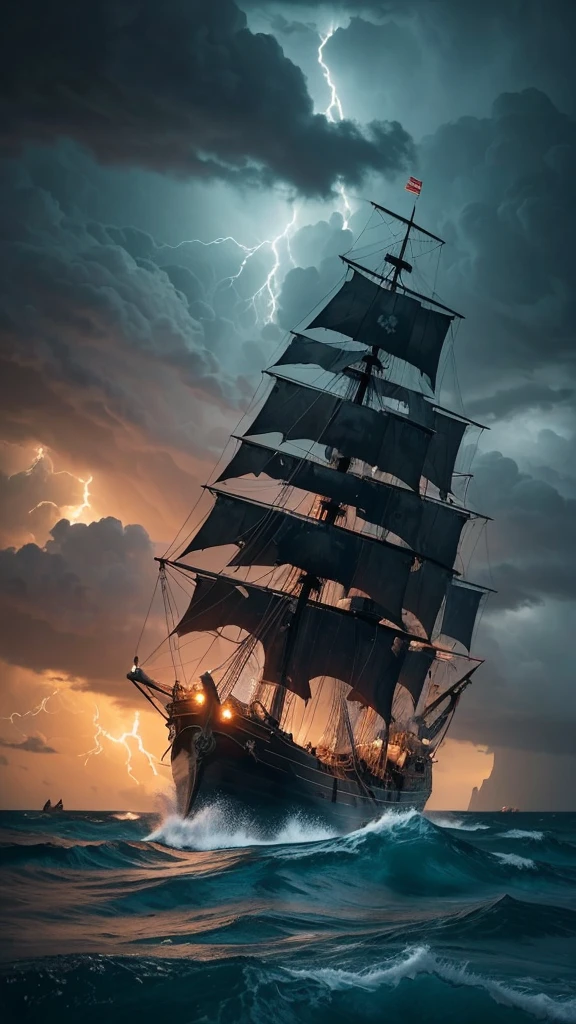 

“Create a scene of a pirate ship sailing through a stormy, turbulent sea. The ship should be navigating near a large skull-shaped rock formation amidst a jagged reef. The sky is filled with swirling clouds, and heavy rain is pouring down. The atmosphere is dark and dramatic, with lightning illuminating the menacing waves and the ominous skull rock.”

