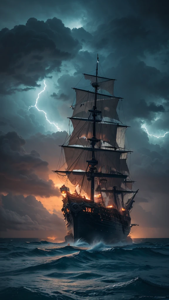 “Create a scene of a pirate ship sailing through a stormy, turbulent sea. The ship should be navigating near a large skull-shaped rock formation amidst a jagged reef. The sky is filled with swirling clouds, and heavy rain is pouring down. The atmosphere is dark and dramatic, with lightning illuminating the menacing waves and the ominous skull rock.”